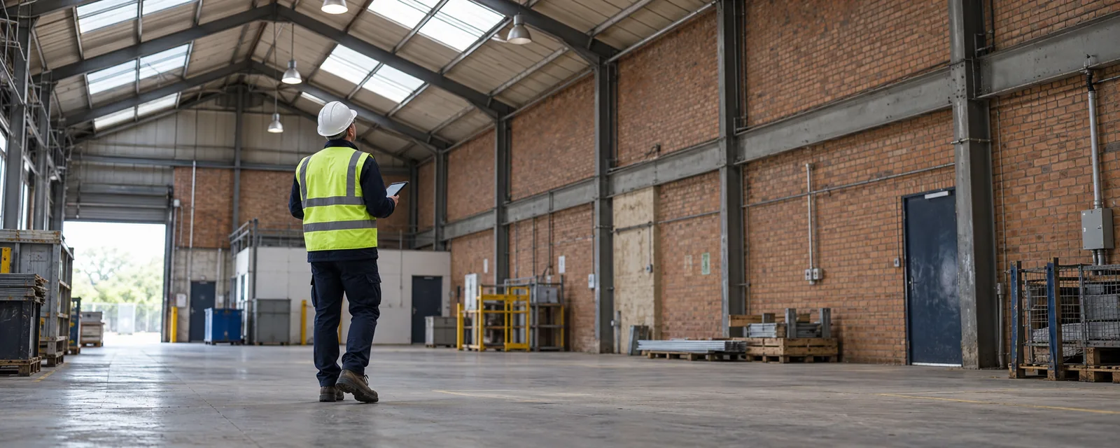 Surveyor recording observations in a British industrial workshop