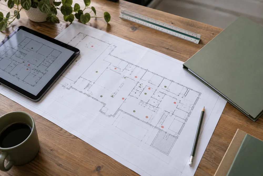 Building plans and material location records arranged on a desk
